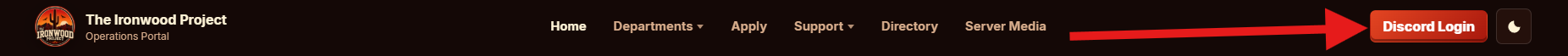 Discord login button highlighted in the Ironwood site header